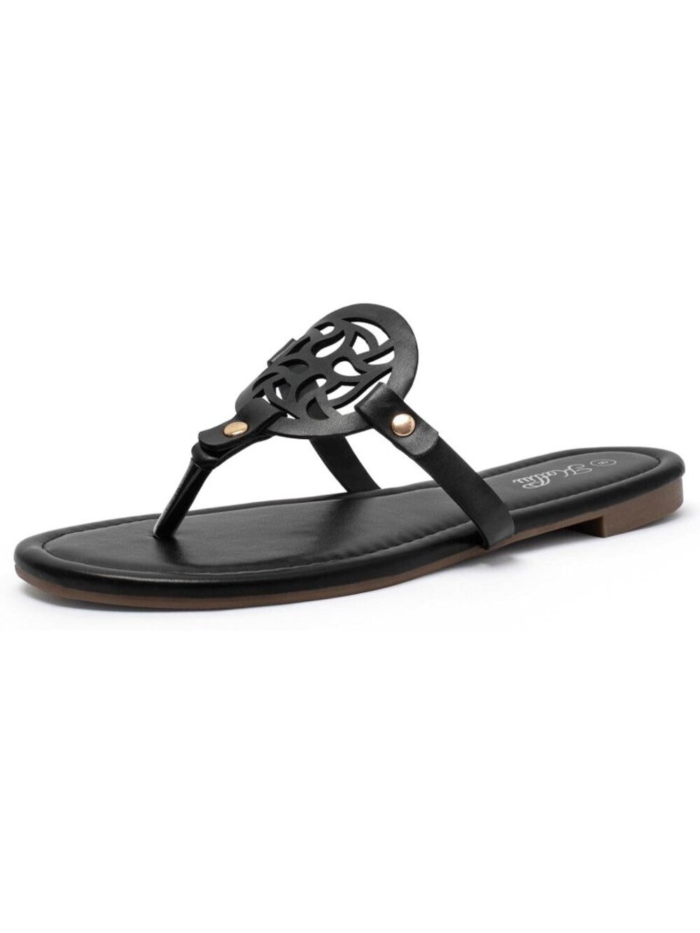 Women's Black Faux Leather Lightweight Summer Dressy Flip Flops Flat Sandals